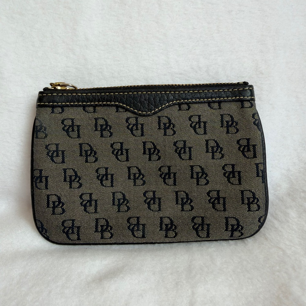 Dooney & Bourke Signature Monogram Coin Pouch Navy Gray Leather Trim Zip Wallet